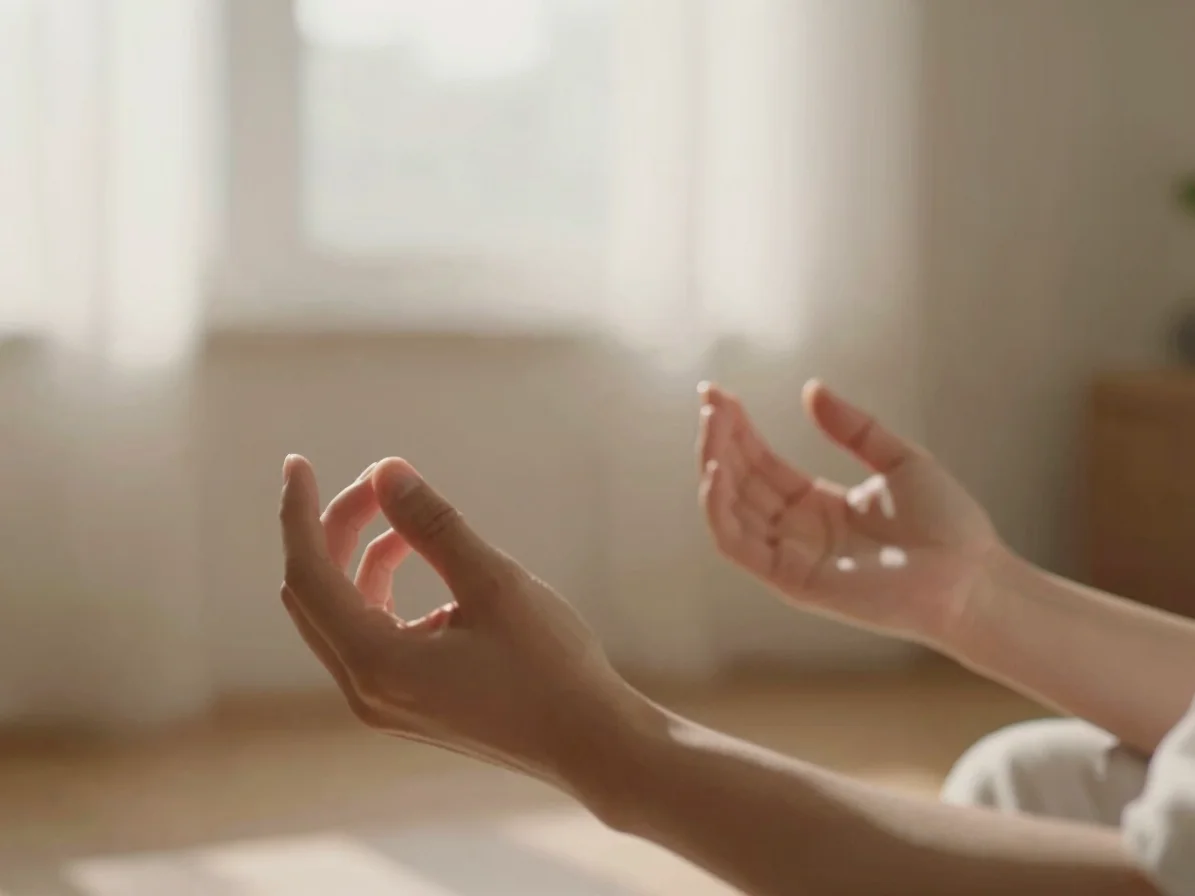 Close up of hands engaged in mindful breathing exercises in a quiet sunlit room with soft warm morning light