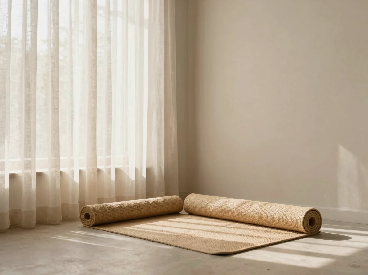 Serene yoga studio corner with a rolled natural mat and soft daylight filtering through sheer linen curtains