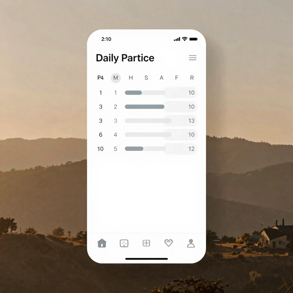 Minimalist mobile app interface screen preview showcasing daily practice tracking in warm earthy tones