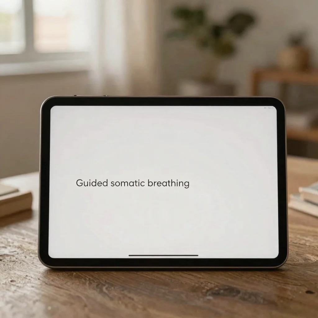 Tablet display placeholder showing guided somatic breathing session with calm typography and generous whitespace