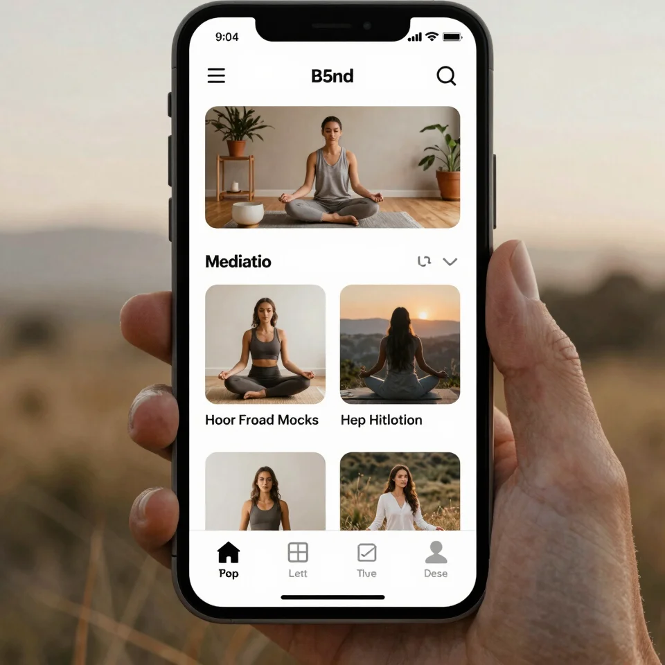 Mobile interface mockup displaying audio meditation library with clean layout and serene color palette